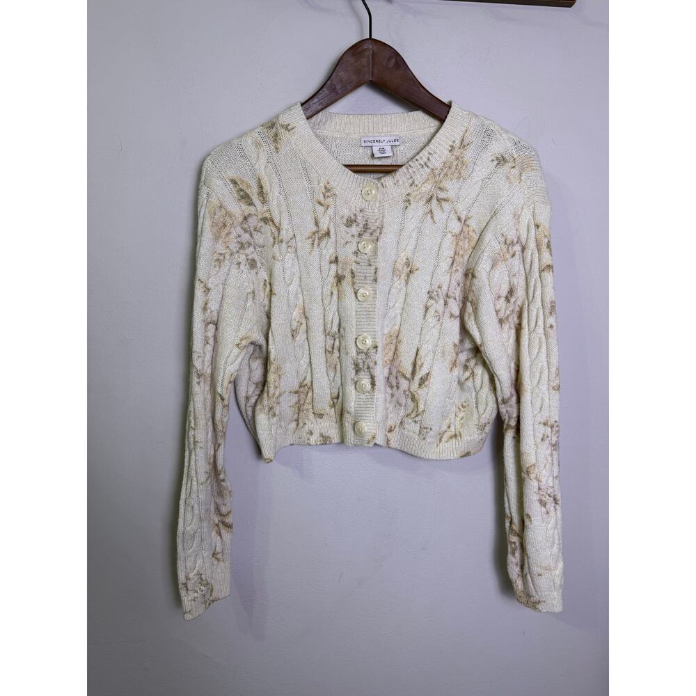 Sincerly Jules Cream Floral Cable-Knit Crew Cardigan